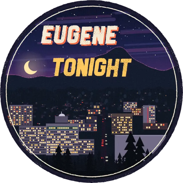 Eugene Tonight logo: the downtown skyline at night with the butte behind
